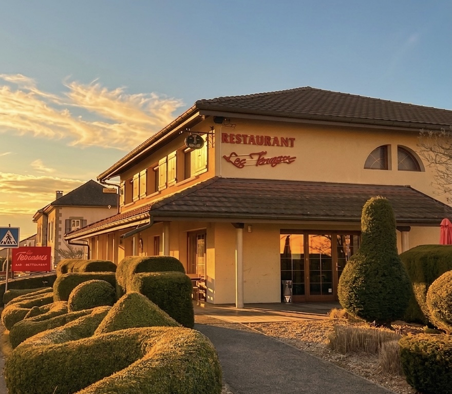 Restaurant Les Terrasses à Brenthonne au coucher de soleil